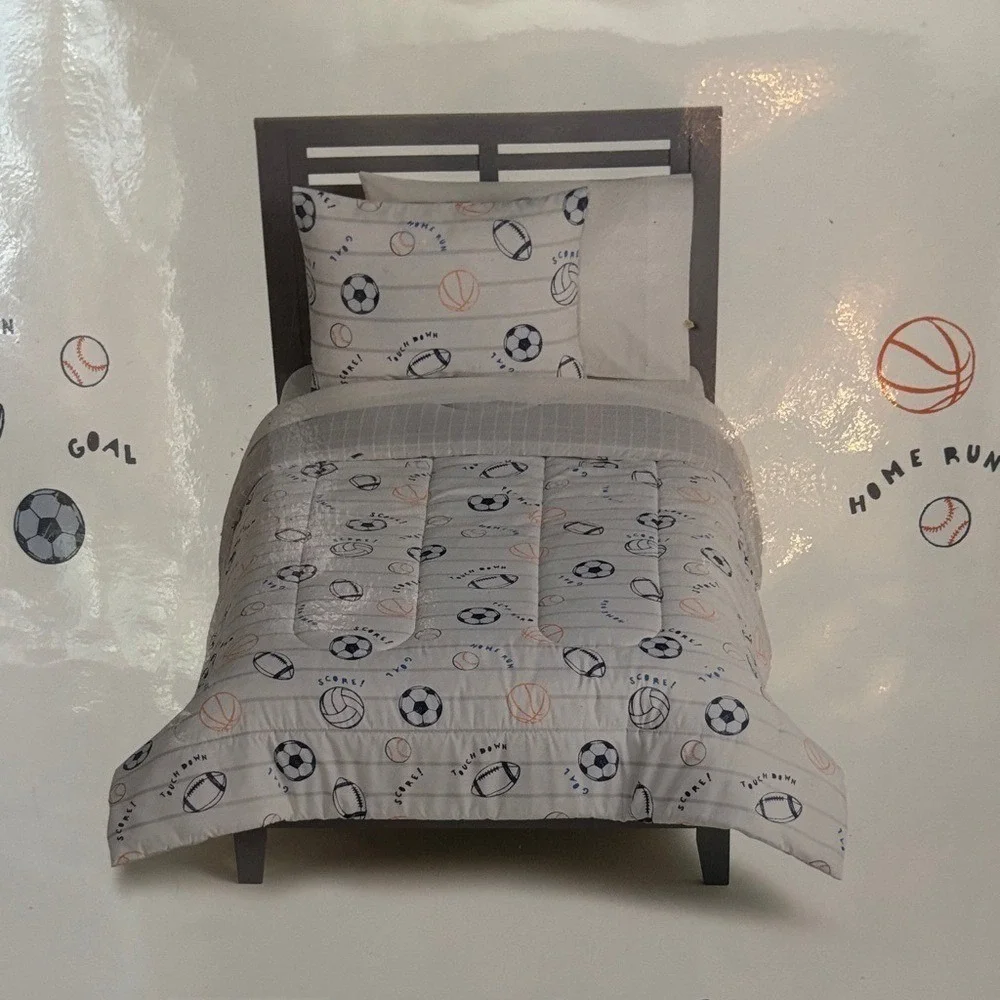 Big Kids 2-Piece Twin Comforter Set w/ Sports Design: Soccer Baseball Football